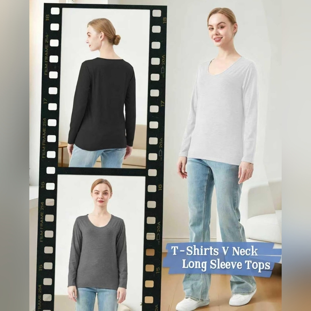 3-Pack V-Neck Long Sleeve Tops Size L NWT Soft Basic Casual Set Black Gray White - Picture 4 of 5